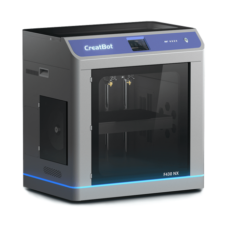 An angled front view of the CreatBot F430 NX 3D printer on a checkered background, showing the dual-nozzle system and the full-enclosed chamber.