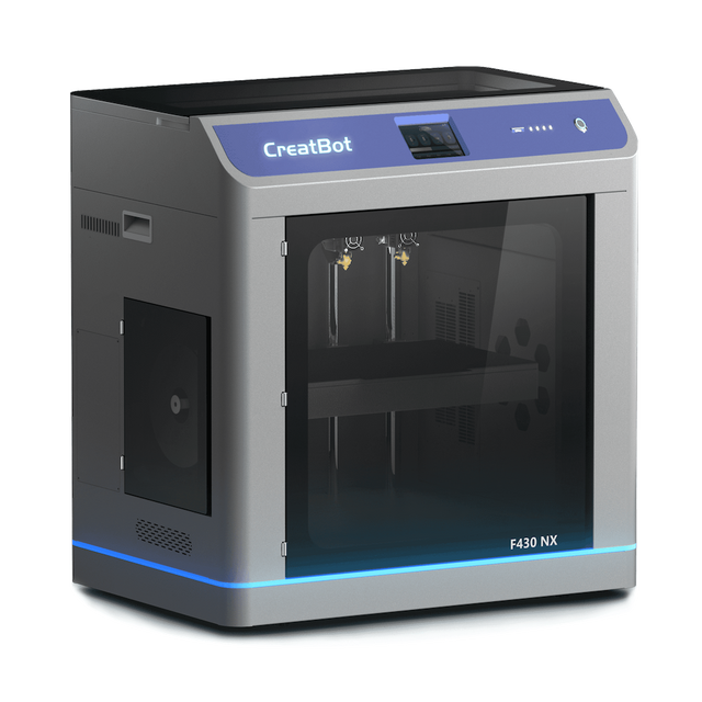 An angled front view of the CreatBot F430 NX 3D printer on a checkered background, showing the dual-nozzle system and the full-enclosed chamber.