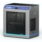 A side and front view of the CreatBot F430 NX 3D printer on a checkered background, highlighting the sleek, modern design with its blue accent lighting.