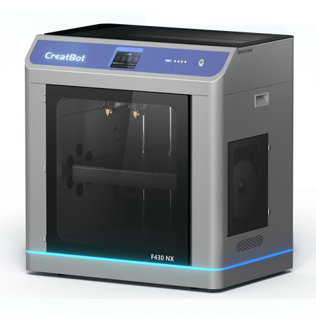 A side and front view of the CreatBot F430 NX 3D printer on a checkered background, highlighting the sleek, modern design with its blue accent lighting.