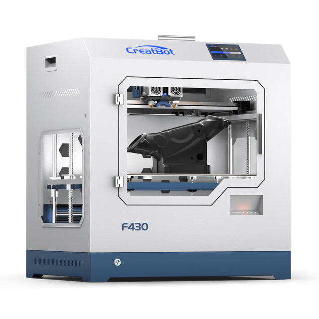 A front view of the CreatBot F430 3D printer, showing its fully enclosed chamber, dual extruders, and a large black object printed on the build platform.