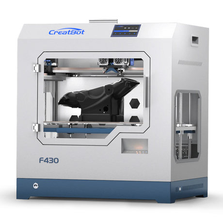 A front-facing three-quarter angle shot of the CreatBot F430 3D printer, highlighting the printer's side panel and the internal gantry system with a large, black object on the print bed.