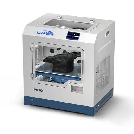 A three-quarter view of the CreatBot F430 3D printer, with the front door closed, showcasing the dual-extruder system and the printed object inside the enclosed printing chamber.
