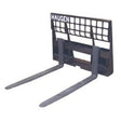A gray mini skid-steer fork with a 36-inch wide frame and two long fork tines, designed for Dingo and Bobcat models.