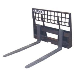 A gray mini skid-steer fork with a 36-inch wide frame and two long fork tines, designed for Dingo and Bobcat models.