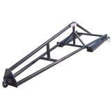 A black Fork Slot Truss Jib with a 2,000 lbs lifting capacity, safety chains, and fork slots designed to fit most telehandlers.