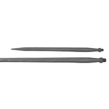 Two black Skid-Steer Replacement Forged Tapered Tines from Haugen, with a smooth, conical shape, shown side-by-side to highlight their uniform appearance.
