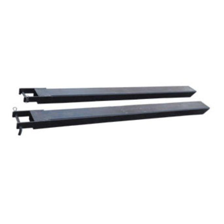 A pair of black Haugen telehandler fork extensions, each with a full tube design and a hole for a pin to secure them to the fork tines.