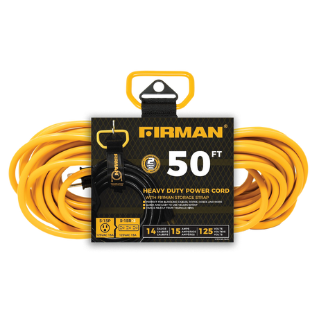 Firman 2020 50' Medium Duty 5-15P to (3) 5-15R Generator Utility Power Cord With Storage Strap