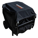 A black Generac 5,000–8,000 Watt portable generator storage cover, made of polyester material, is shown on a generator with two wheels and a handle, all against a white background.