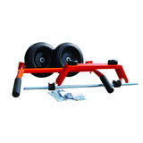 The Generac 6910 Portability Kit for the XD5000E generator, featuring a red steel frame, two large black wheels, a folding handle, and a small bag of hardware.