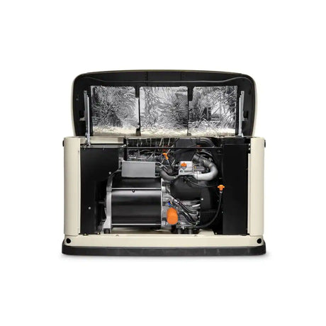 A front-facing view of a beige Generac Guardian Series 26kW Home Standby Generator with its top lid open, revealing the internal engine and components, and a heat-shield lining.