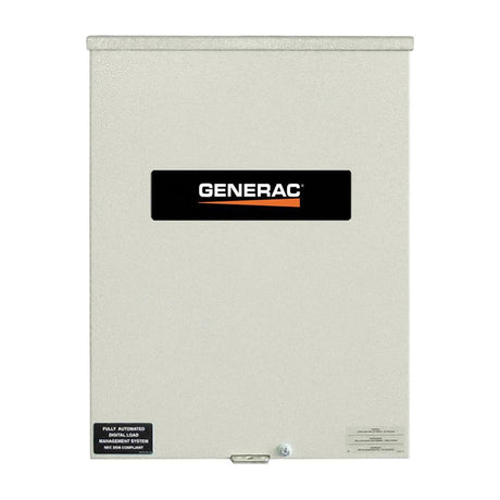 A grey Generac 200-Amp 120/240V Smart Transfer Switch in a NEMA 3R enclosure. A black "GENERAC" logo is centered on the front with a label indicating a "200 AMP RATING" for indoor/outdoor use.
