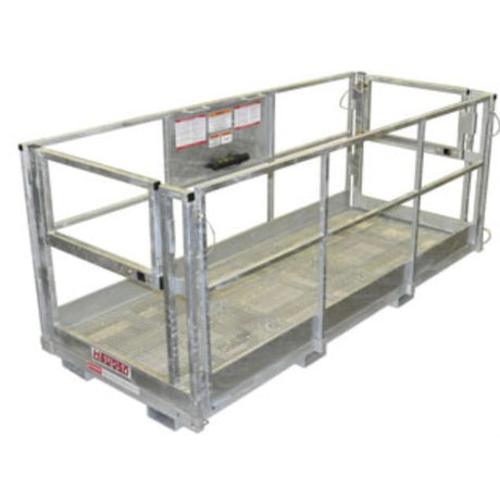 A full view of a Galvanized Work Platform with collapsible sides, safety railings, and heavy-duty fork pins, meeting ANSI and OSHA standards.