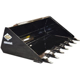 A black heavy-duty skid steer tooth bucket with a 3/8" plate, replaceable Series 23 teeth, and a 3/4" x 6" beveled edge, shown at an angle.