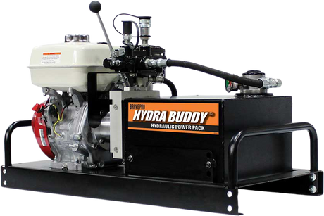 A Brave Hydra Buddy HBHR350GX hydraulic power pack with a red Honda GX390 engine and black hydraulic tank on a transparent background.