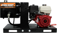A front view of the Brave Hydra Buddy Hydraulic Power Pack, featuring the black base and tank alongside a red and white Honda GX engine. The Hydra Buddy logo is visible on the side of the tank.
