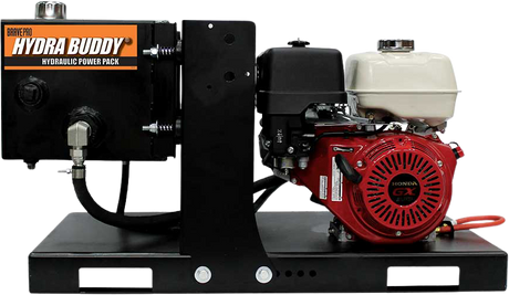 A front view of the Brave Hydra Buddy Hydraulic Power Pack, featuring the black base and tank alongside a red and white Honda GX engine. The Hydra Buddy logo is visible on the side of the tank.