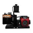 The Brave Skid Mount Hydraulic Power Pack is viewed from an angle against a transparent background, showcasing the black skid frame, the hydraulic oil tank, and the red Honda engine.