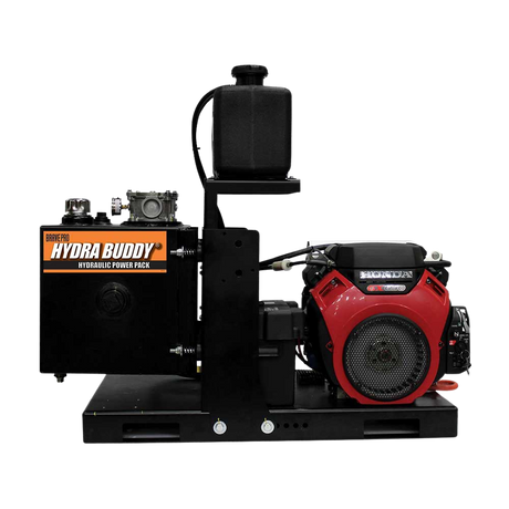 The Brave Skid Mount Hydraulic Power Pack is viewed from an angle against a transparent background, showcasing the black skid frame, the hydraulic oil tank, and the red Honda engine.