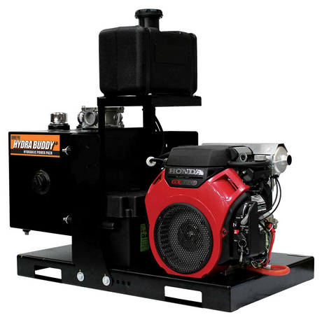 A three-quarter view of the Brave Skid Mount Hydraulic Power Pack, with the "HYDRA BUDDY" logo visible on the side of the black hydraulic tank. The red Honda engine is prominently featured.