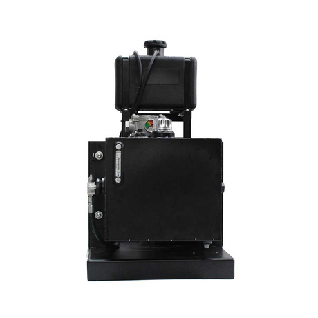 A side view of the Brave Skid Mount Hydraulic Power Pack, showing the black unit with a hydraulic oil tank on top. The machine is designed for secure mounting on a flat surface.