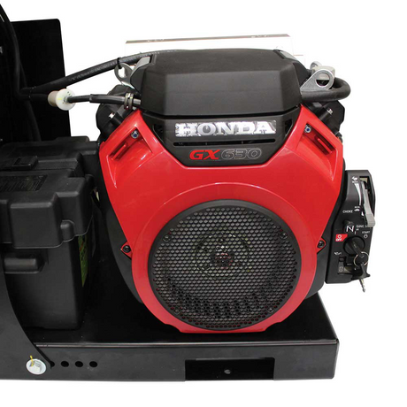 A close-up view of the red Honda GX630, 688cc engine on the Brave Skid Mount Hydraulic Power Pack. The engine's fan shroud and air filter cover are visible.