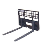 A gray skid-steer pallet fork with a 45-inch wide frame and adjustable fork tines with the brand name "HAUGEN" visible at the top.