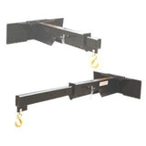 A black industrial jib for skid steer loaders, shown at two different lengths with a 5-ton eye hook attached to the end.