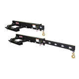 A pair of black Telehandler Industrial Jibs with a maximum adjustable length of 12 feet, featuring one 5-ton Crosby eye hook and shackle each.