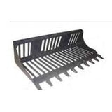 A gray Industrial Rod Bucket for Skid Steer with a heavy-duty tooth bar and replaceable teeth, featuring an open rod design for sifting debris.