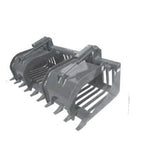 A gray Industrial Rod Grapple for Skid Steer, featuring 1" x 1.50" tines with 3" spacing, independent grapples, and industrial cylinders.