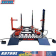 The Katool KT-299U Auto Body Frame Machine with its black frame and orange pulling towers on a white background. The image includes "Proudly Manufactured by CELETTE Joint Venture" and Katool's US warehouse locations.