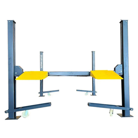 A close-up of the textured, black and yellow plate approach ramp on the car lift