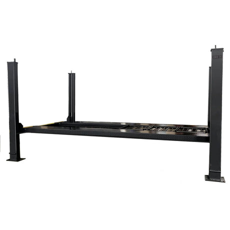 Full, head-on view of the black 4-post car lift with gray ramps