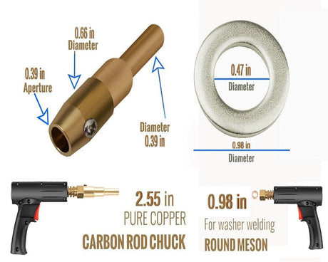 A close-up of a Katool 90E welding gun with two tips. The first tip is a Pure Copper Carbon Rod Chuck measuring 2.55 inches, with a 0.65-inch diameter and 0.39-inch aperture. The second tip is a Round Meson for washer welding, measuring 0.98 inches in diameter with a 0.47-inch diameter hole.