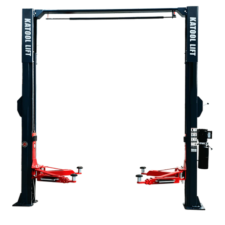 A detailed, full-body shot of the Katool Model: AS110D 2-post car lift on a blank background, featuring its black posts and red lifting arms. The image also shows a tire balancer attached to the side, highlighting the machine's multi-purpose functionality