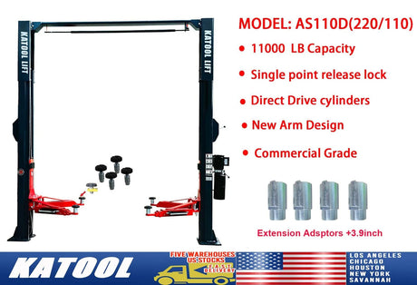 An image of a product specification label for a hydraulic floor jack model AS110D, with dual voltage ratings (220/110). The label lists features including 11,000 lb capacity, single point release lock, direct drive cylinders, new arm design, commercial grade, and mentions extension adaptors adding 3.9 inches