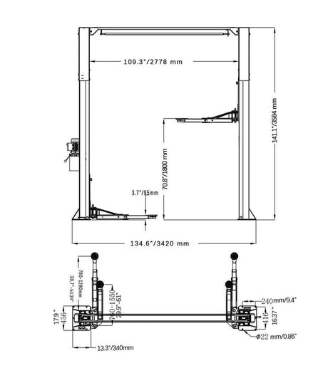 A detailed engineering schematic of the Katool AS110D 2-post car lift, showing a side view with measurements for the overall height, maximum lifting height, and overall length