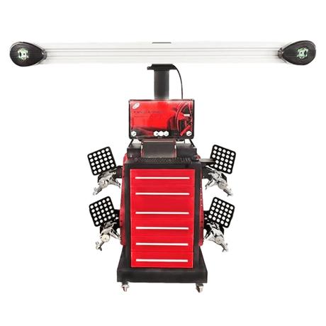 A front view of the red and black Katool KT-AV651 3D wheel aligner on a transparent background, showing the main camera unit, cabinet, and four wheel targets.