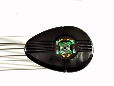 A close-up shows one of the black target sensors for the Katool KT-AV651 3D wheel aligner, featuring a detailed view of its reflective surface and green LED indicators.