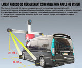 A professional diagram of the Katool KT-AV9 3D wheel aligner shows the system aligning a van. The text overlay describes its Android 3D measurement technology and compatibility with the Apple iOS system, with a 5-megapixel camera that can measure distances from 1500mm-3000mm.