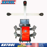 The front view of the Katool KT-AV9 3D wheel aligner on a white background, with text overlays showing "ANDROID IOS" on the red cabinet and mentioning the warehouse locations in the USA, including Los Angeles, Chicago, New York, and Savannah.