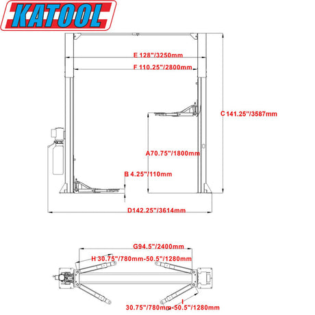 A detailed diagram of the Katool KT-M110 2-post lift, showing all major dimensions including overall height, overall width, and arm reach in both inches and millimeters.