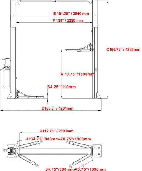 A technical diagram of the Katool KT-M120 2-post car lift with detailed measurements, including overall height of 166.75 inches and lifting height of 70.75 inches.