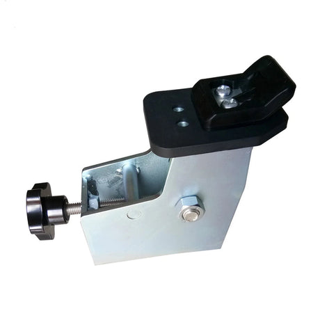 A detailed side perspective of a single clamp from the Katool Motorcycle Adaptor for Wheel Clamp Tire Changer MC1. The image reveals the substantial metal build and the adjustable jaw, showcasing the specialized mechanism that provides powerful and adaptable gripping force for a variety of motorcycle wheel applications.