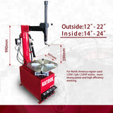 The Katool KT-T810 tire changer with overlays showing measurements in millimeters and inches, as well as text that reads "Outside:12''-22'' Inside:14''-24''" and details on its "2.0HP motor" and "120V/1ph" power for North America.