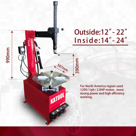 The Katool KT-T810 tire changer with overlays showing measurements in millimeters and inches, as well as text that reads "Outside:12''-22'' Inside:14''-24''" and details on its "2.0HP motor" and "120V/1ph" power for North America.