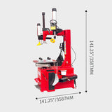 A side view of the Katool KT-T830 tire changer with dimensions overlaid. The image shows the overall height of 141.25 inches (3587mm) and the width of 141.25 inches (3587mm), with an arrow pointing to the base of the machine.
