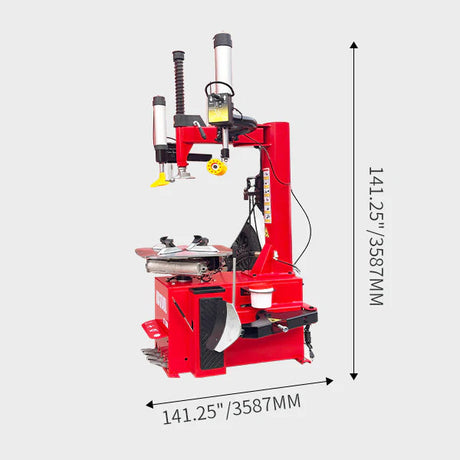 A side view of the Katool KT-T830 tire changer with dimensions overlaid. The image shows the overall height of 141.25 inches (3587mm) and the width of 141.25 inches (3587mm), with an arrow pointing to the base of the machine.